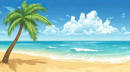 Fototapeta premium A beautiful beach with palm trees and a blue ocean