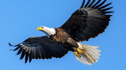 Obraz premium A majestic bald eagle soaring through a bright blue sky over Kalaloch, Washington, USA.
