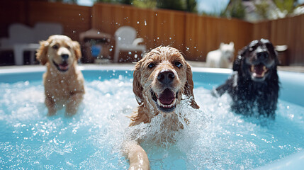 Dogs splashing in a backyard pool on a hot day.