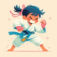 Illustration of a smiling girl with pigtails in a white karate gi and pink gloves, performing a punch in a dynamic, colorful style.