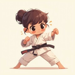 Illustration of a young girl with a serious expression in a white karate gi and black belt, standing in a ready position, showing focus.