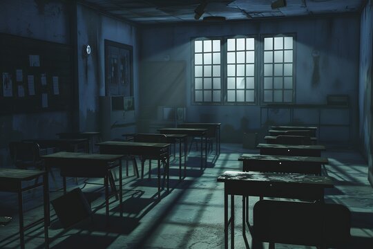 An empty classroom with desks and chairs, illuminated by a single window with light streaming in. The room has a dark and ominous atmosphere.