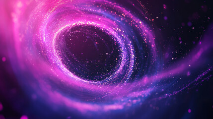 Abstract background featuring a purple swirling circle frame composed of multicolored energy particles and lines.