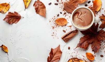 Hot chocolate in a cup on rustic background with autumn leaves decoration and copyspace for your text