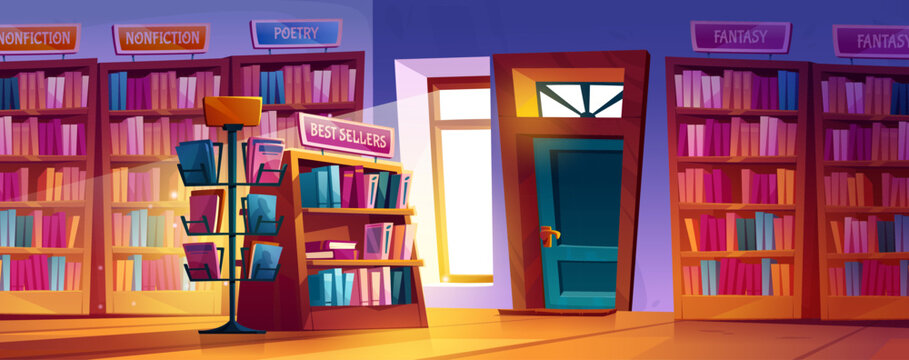Bookstore interior with books on shelves and in racks, light through window and entrance door, sign of literature categories and showcase with best sellers. Cartoon vector shop with reading elements.
