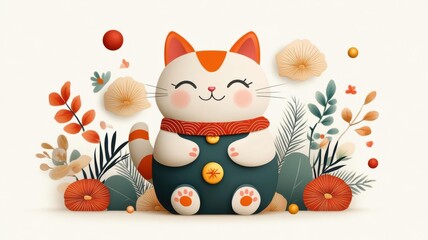 Fototapeta premium Japanese lucky cat, vibrant charm decor, ornate details, Watercolor style