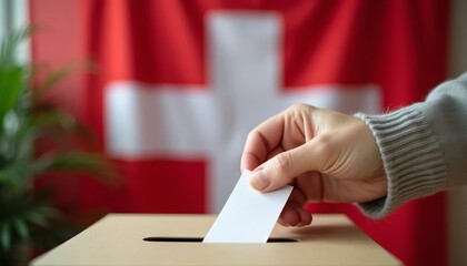 Hand Voting with a Ballot Box and Switzerland Flag in the Distance