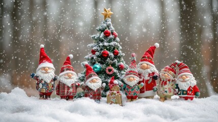 A group of snowmen are standing in front of a Christmas tree