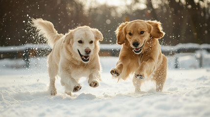 Dogs playing together in the snow.