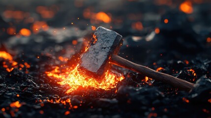 Fototapeta premium Fiery Lava Hammer on Volcanic Rock Surface with Molten Streams - Dramatic and Vibrant 3D Render