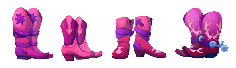 Western country pink cowboy leather girly boot pairs with metal spurs. Cartoon vector illustration set of cowgirl horseshoe for retro wild west dance festival. Vintage female farm and ranch shoe.