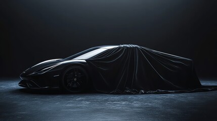 A new car covered by a black cloth, with a spotlight shining on it.