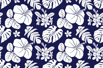 Abstract floral seamless pattern with hibiscus flowers and  monstera leave background.Vector illustration hand drawing. For textile,curtain,fabric pattern print