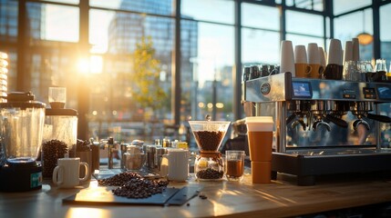 Urban Coffee Haven: Morning Light at a Vibrant City Coffee Counter