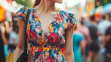 A woman in a floral sundress walks down a sunny street.