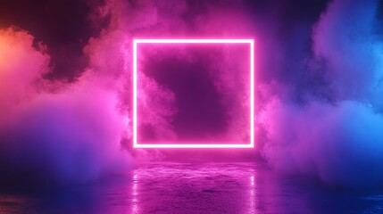 A glowing pink neon square frame above clouds with blue and pink lighting.