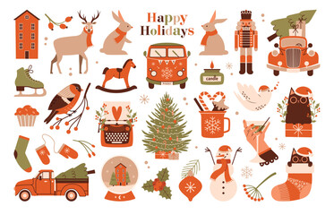 Christmas, New Year clip arts. Big set of cute illustrations of party bus, bullfinch, fir tree, cat in santa's hat, pickup truck, deer, snow globe, red vintage car, gift, birds, rabbits. Flat Design.