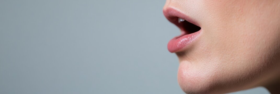 A close-up side view of a woman&rsquo;s mouth slightly open, as if in the middle of speaking, highlighting aspects of communication, expression, and human interaction.