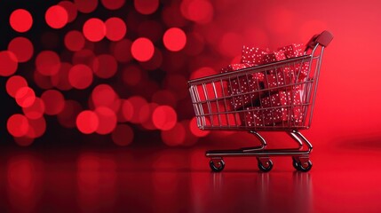 Black Friday website screen with a packed online cart, Bargains of the Day banner, vibrant red and black theme, urgency in retail discounts