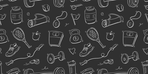 Doodle gym sketch health seamless pattern background. Hand drawn sketch doodle healthy sport, gym fit exercise equipment background. Seamless sport chalkboard pattern. Vector illustration