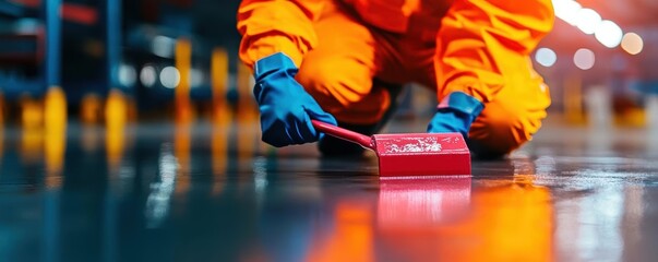 Technician installing smooth epoxy surface, epoxy surface installation, professional application