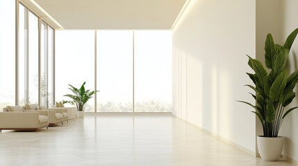 Bright living room with large windows, lush green plants, and cozy beige sofa. Natural light highlights the vibrant greenery, creating a fresh, airy space.