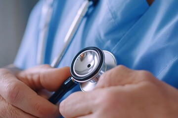 Close-up of a healthcare professional holding a stethoscope, ready to check vital signs in a clinical environment.