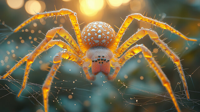 Webspinner, from below, upward view, Hyper-realistic, early morning light 