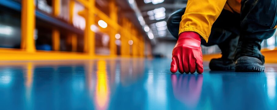 Technician installing smooth epoxy surface, epoxy surface installation, professional application - Powered by Adobe