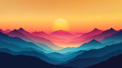 Fototapeta premium Abstract vector background with a vibrant sunset over mountains, bold geometric peaks and gradient skies, warm hues blending seamlessly for a dynamic landscape