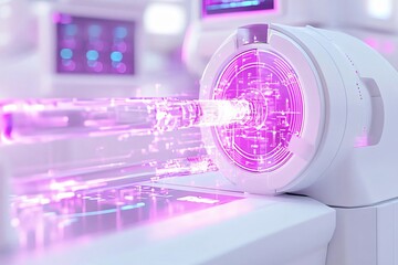 Futuristic medical device emitting pink light, showcasing advanced technology in a modern healthcare environment.