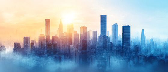 Fototapeta premium Sleek city skyline silhouettes over an abstract vector background, soft gradient sky blending with sharp building outlines, modern and urban design