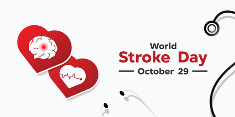 World Stroke Day. Brain, heart and stethoscope. Great for cards, banners, posters, social media and more. White background.