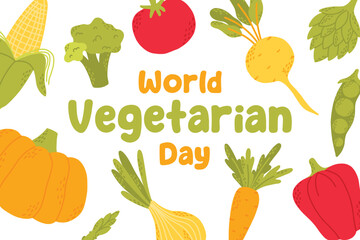 World Vegetarian Day. Poster for vegetarian day with vegetables. Vector illustration. Flat style. Vegan day.