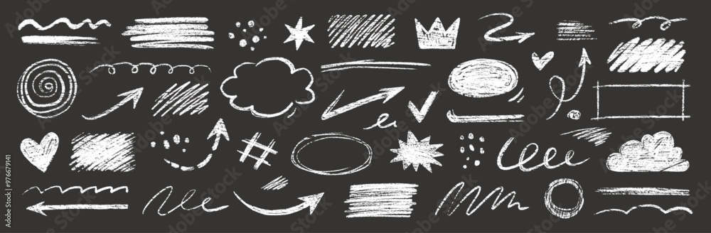 Poster doodle line chalk brush element set on blackboard. chalkboard texture brush stroke square, spiral, a