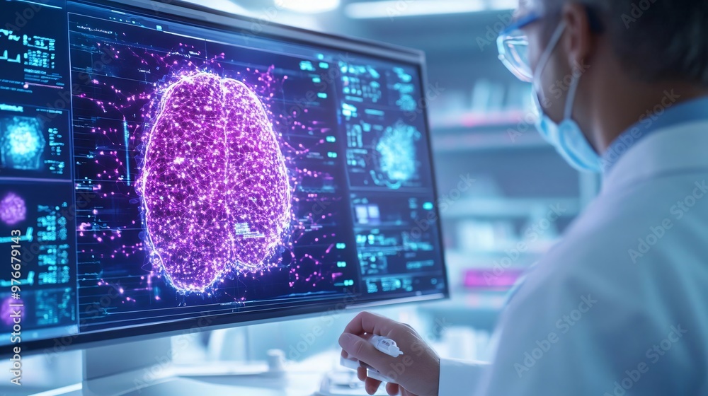 Poster a scientist analyzes neural data on a computer screen, showcasing vibrant digital brain activity in 
