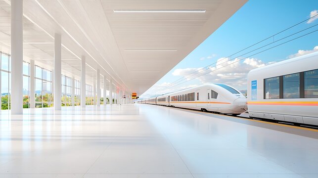 A modern railway station with transparent trains and glowing platform displays promoting efficient rail transport