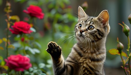 Curious cat planting roses with soil-covered paws in a vibrant garden, showcasing the delightful...