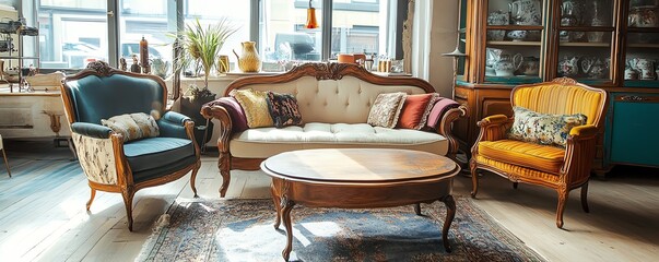 Fototapeta premium Cozy vintage living room with antique furniture, a wooden coffee table, and sunlight streaming through large windows.