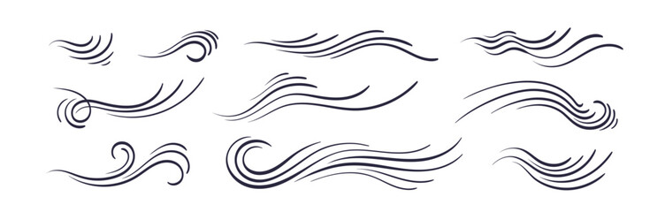 Wind icons, wave flowing. Black thin abstract line