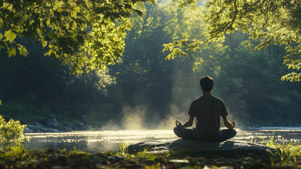 Back view of man meditating by a tranquil river with soft sun rays in a serene forest