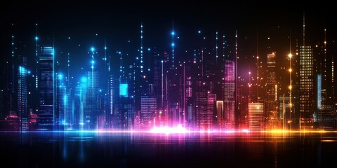 A vibrant city skyline illuminated by colorful lights, representing modern technology and digital connectivity.