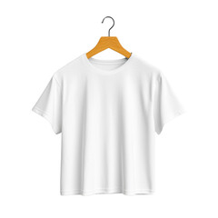 Plain white t shirt hanging on a wooden hanger for clothing mockup