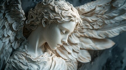 A finely crafted angelic sculpture emerges from soft lighting, accentuating its delicate details against a refined dark backdrop.