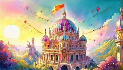 ファンタジー建築、メルヘンの城、夢の風景、異世界の宮殿、カラフルな風景、空想の建物、気球、魔法の国、日の出、冒険の舞台