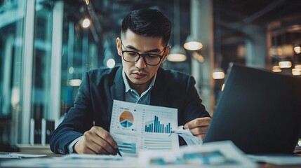An attentive analyst scrutinizes data visuals in a contemporary workspace filled with financial documents and statistical frameworks, exemplifying expertise and accuracy.
