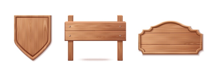 3d wood sign board with nails. Wooden frame banner for saloon. Vintage rustic nail billboard set. Antique plaque label. Realistic nameplate or road direction illustration. Blank timber signpost