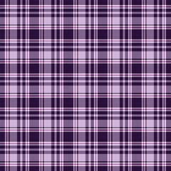 Seamless plaid pattern with dark purple, purple, and pink colors, accented with lines, creating a classic tartan look.