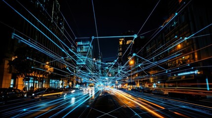 Glowing Futuristic Smart Cityscape with 5G Network Connections at Night