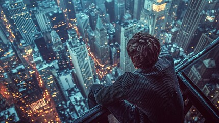 A figure grips a railing atop a towering structure, visibly trembling as they confront the overwhelming fear of heights against a vast urban backdrop.